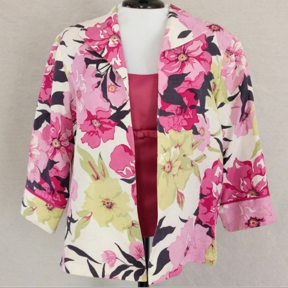 Coldwater Creek Silk & Linen Blazer Floral Asian Style Print Jacket White Pink S